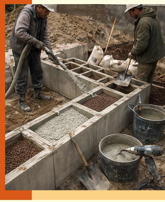 Заполнение полостей фундамента в юбилейном герметичным утеплением и повышением прочности