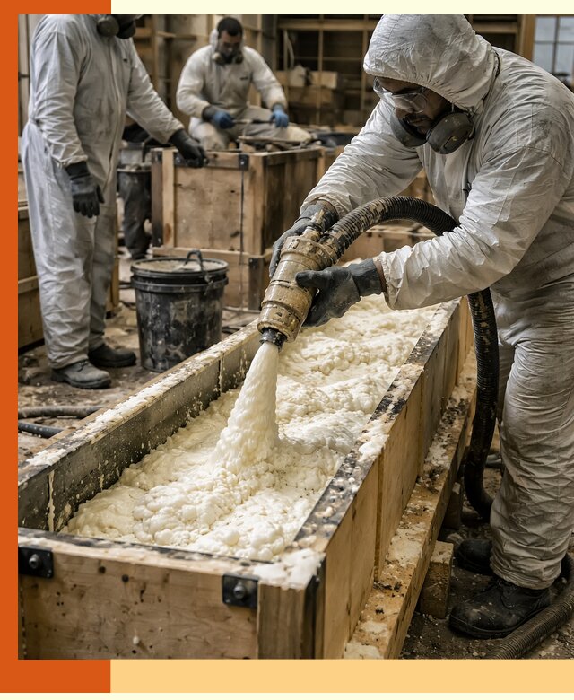 Заливка пенополиуретана в формы для утепления в юбилейном